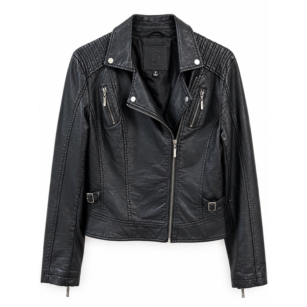 Max Studio Women's Small Black Faux Leather Moto Biker Jacket Quilted Shoulder